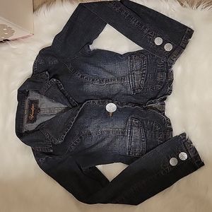 Younique stretch denim blue jean jacket 1 button close 2 pocket long slv M EUC …